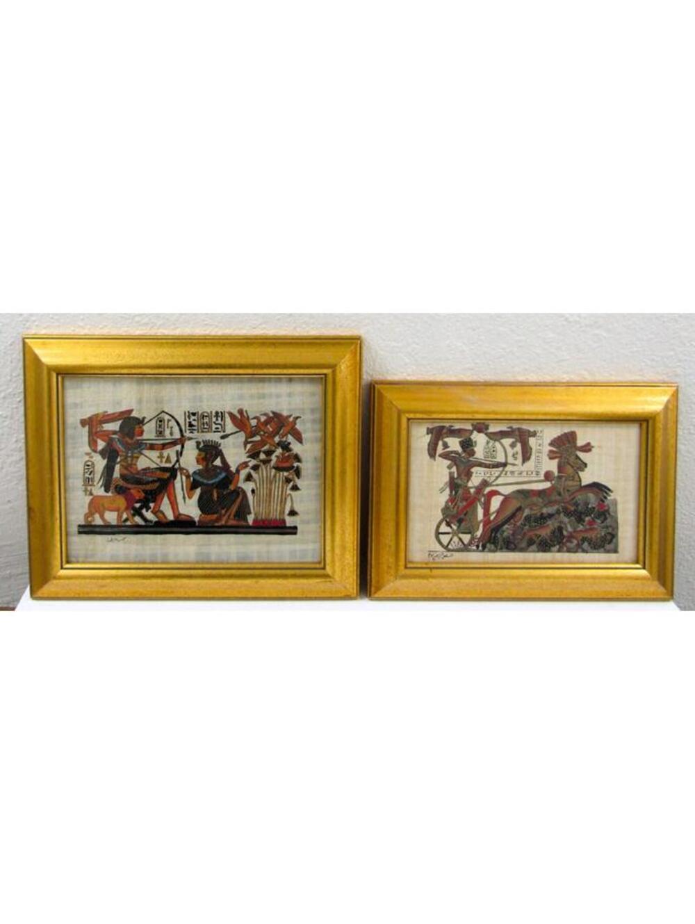 Set of Two Hand-painted Signed Egyptian Papyrus Framed Art Pieces